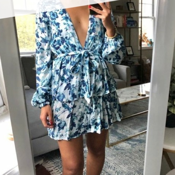 Majorelle Blue Floral Print Balloon Sleeve Plunge Tie Waist Ruffle Mini Dress - Picture 4 of 14